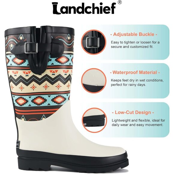 Women's Ivory Boho White Waterproof Tall Knee High Rubber landchief Rain Boot - Picture 6 of 6